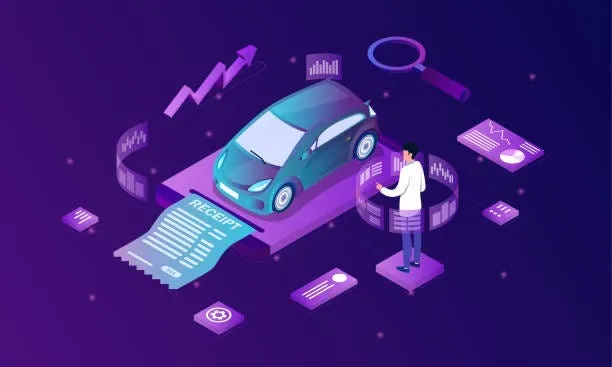 cartoon car surrounded by sold data and receipt