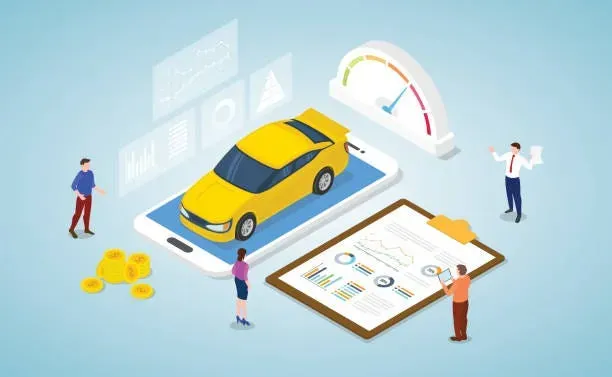 cartoon car surrounded by example analytics and data