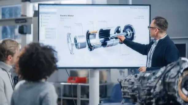A man speaking to a group while pointing to a screen with a diagram of a piston.