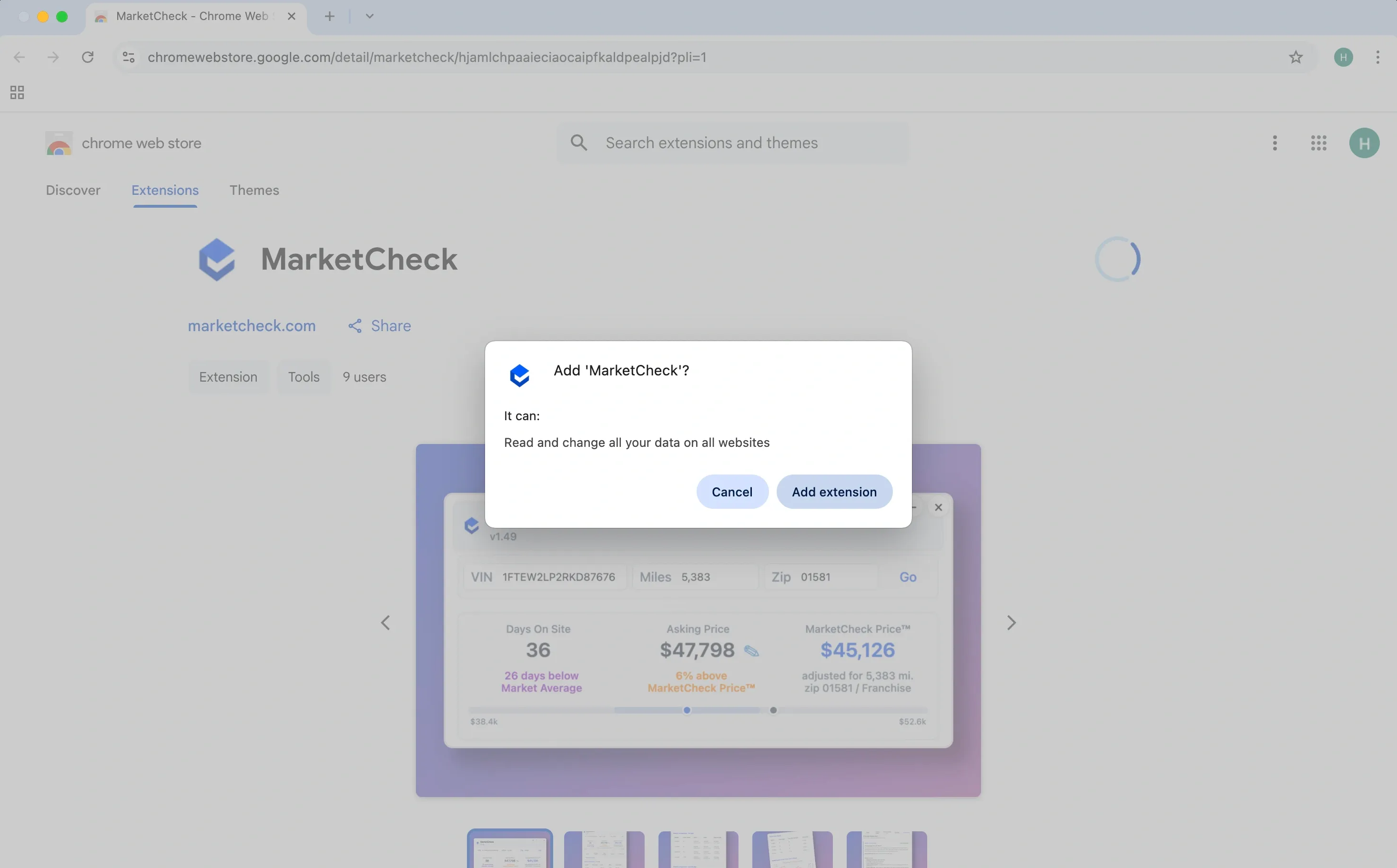 Step 2: Confirm installation of the MarketCheck Chrome Extension