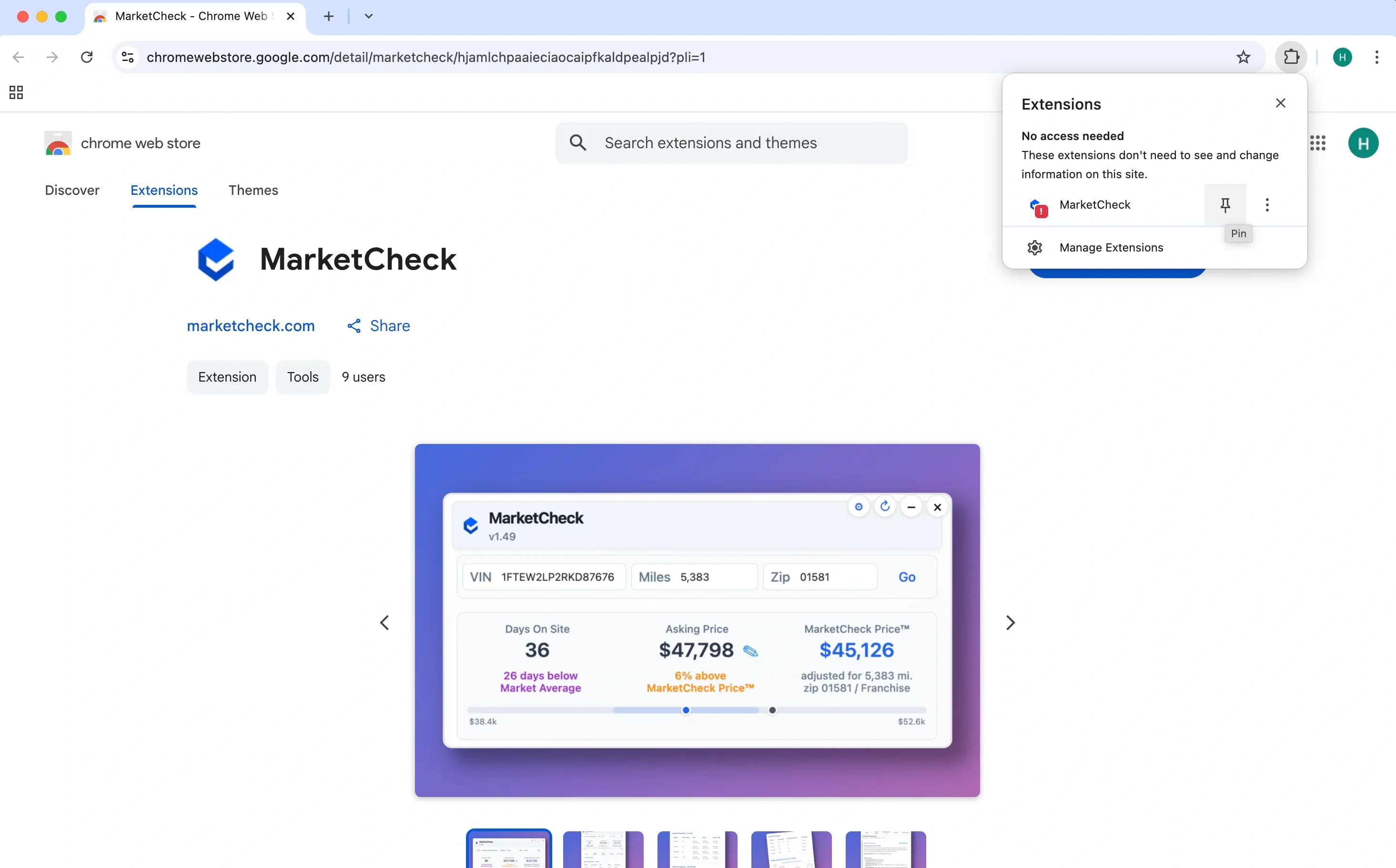Step 3: Pin the MarketCheck Chrome Extension to your toolbar
