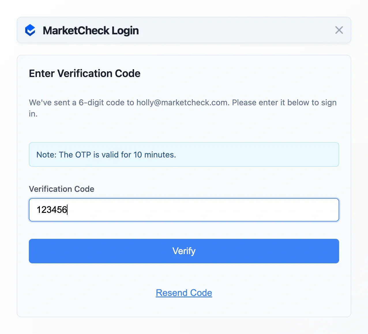 Step 5: Enter your verification code to use the MarketCheck Chrome Extension